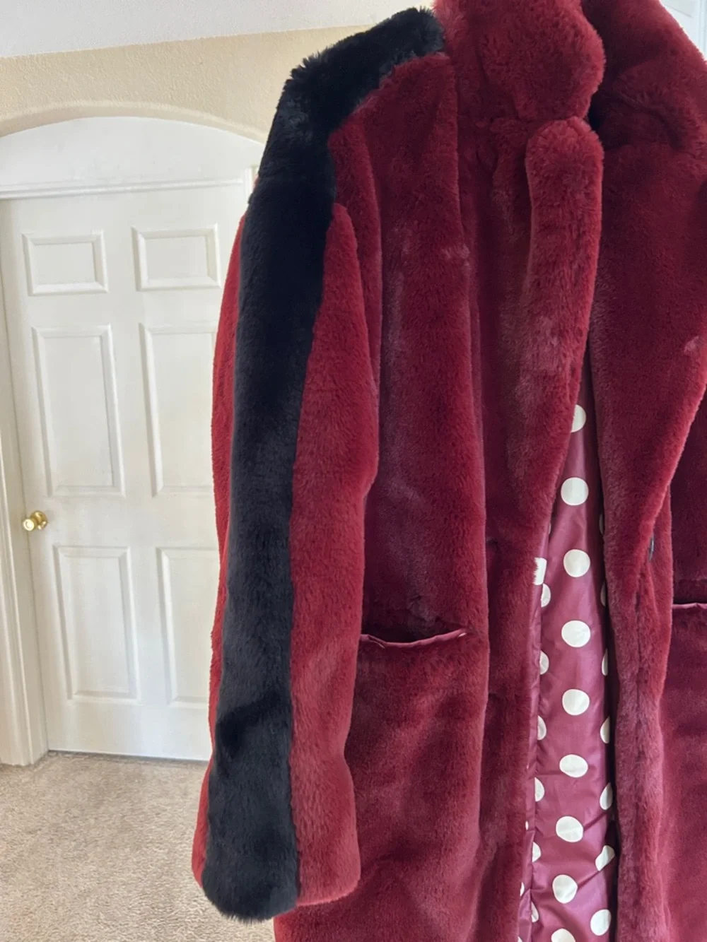 Sam Edelman Burgundy Faux Fur Coat with Black Accents - Picture 2 of 9